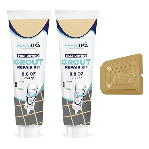 PentaUSA Grout - Premixed Grout Repair Set, 8.8 oz, 2 Pack Tile Grout Tubes, Repairs and Renews Tile Grout in Bathroom and Kitchen, Odorless and Safe Formula - 2 Pack (Beige)