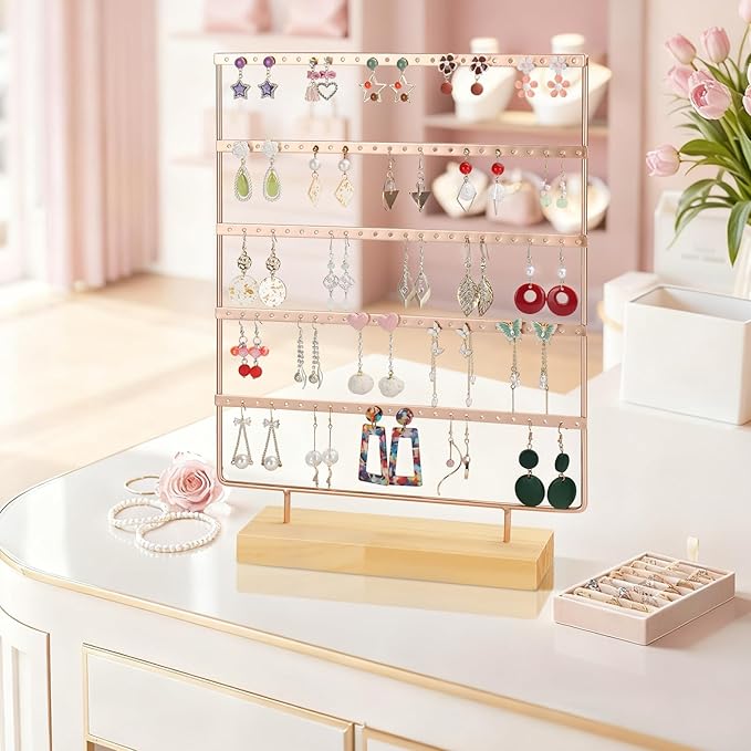 5 Tier 120 Hole Earring Holder Organizer, Rust Proof Metal and Wooden Base Jewelry Organizers and Storage for 60 Pairs of Earrings, Suitable for Home Storage and Sales Display
