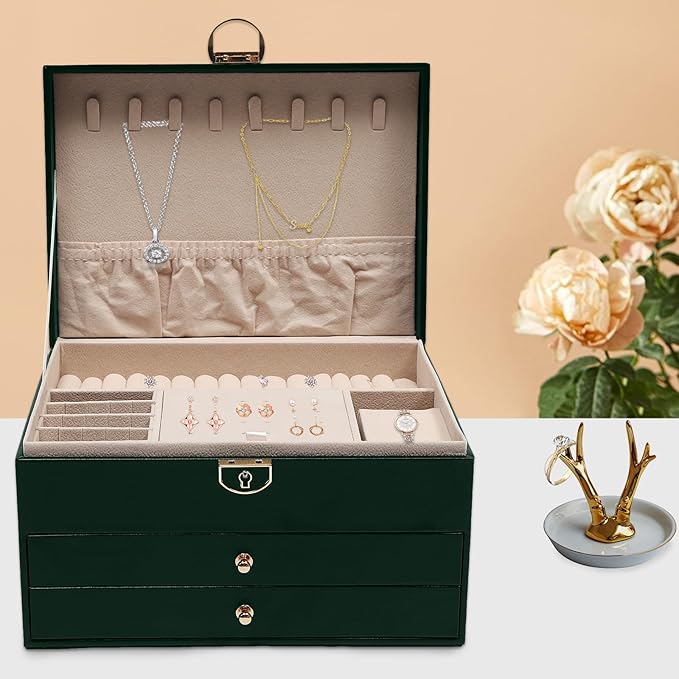 Jewelry Case 3 Layers Jewelry Organizer,Watch Box Earring Storage Box,Necklaces Holder Rings Organizer with Pull-Out Drawer,Lock,Green (Green)