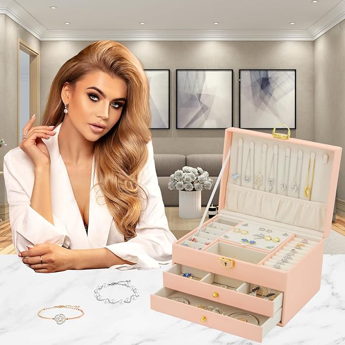 KOOAAICCHI Jewelry Box for Women, 3-Layer Jewelry Organizer, Jewelry Storage Case PU Leather for Earrings, Bracelets, Ring, Necklaces-Pink