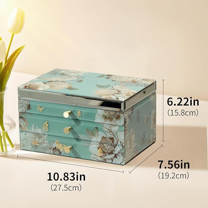 Glass Jewelry Box With Butterfly & Flower Patterns, 3-Tier Organizer for Women Girls,Jewelry Gift Decorative Boxes, Art Painting Tabletop Organizer For Earring Necklace Christmas Gifts