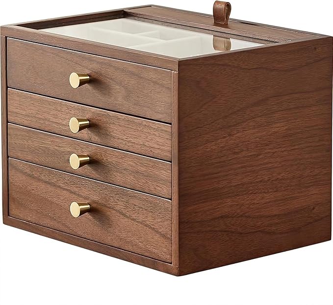 Homruilink Black Walnut Wooden Jewelry Box for Women 4 Layer with Glass Lid and Pull-out Necklace Storage Layer Watch Necklace Ring Earring Storage,Valentine's Day Gifts