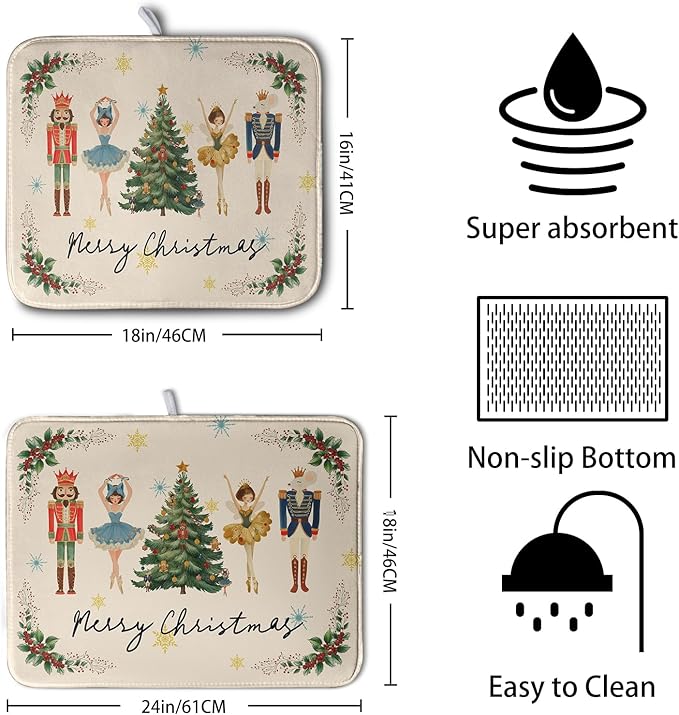 Merry Christmas Nutcracker Dish Drying Mat for Kitchen Counter 16x18 Inch Winter Xmas Tree Snowflakes Drying Mats Microfiber Absorbent Dish Drainer Washable Dish Rack Pad for Sink Coffee Bar