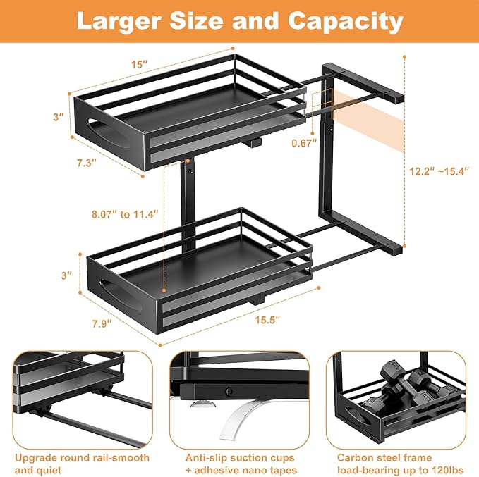 mixeshop Under Sink Organizer, 2 Tier Under Sink Organizers and Storage, Adjustable Height, Slide out Metal Cabinet Organizers, Pull out Cabinet Storage Drawer Shelf for Kitchen Bathroom Black 2Pack