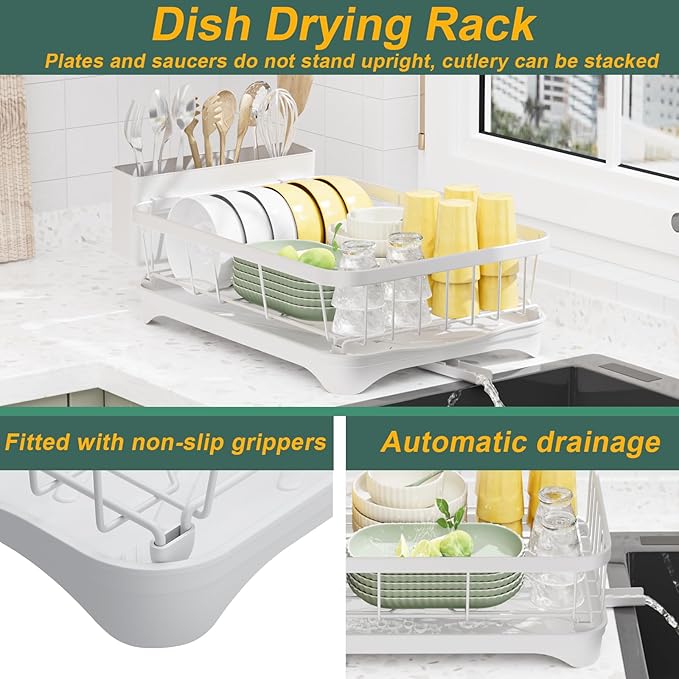 LIYI Dish Drying Rack,Adjustable Spout Design, Kitchen Dish Racks,Made of Iron Material,with Removable Draining Board,Suitable for Kitchen and Caravan Use Scenarios,White