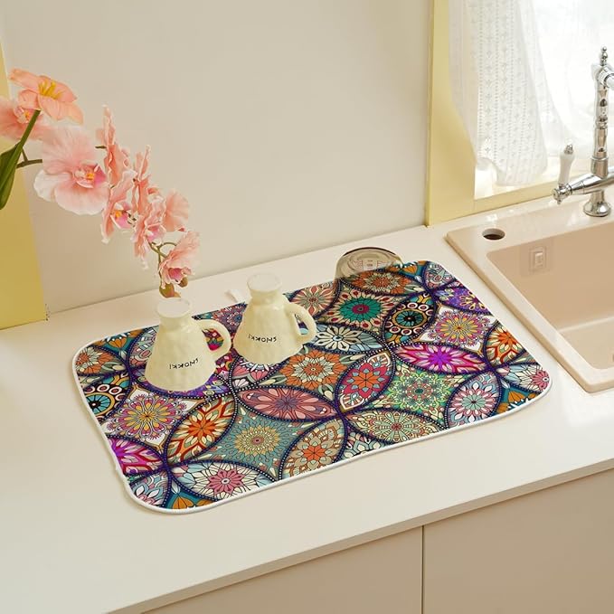 Boho Dish Drying Mat 18 x 24 Inch Vintage Bohemian Drying Mat for Kitchen Counter Absorbent Retro Dishes Dry Pad for Drainer Rack Kitchen Fast Dry