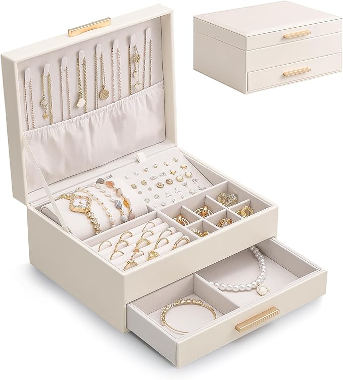 Lolalet 2-Layer Jewelry Boxes Organizer for Women Girls, Jewelry Storage Case Holder with Drawers for Necklaces Rings Earrings Bracelets Watches, Gifts Choice for Girlfriend Wife -Beige