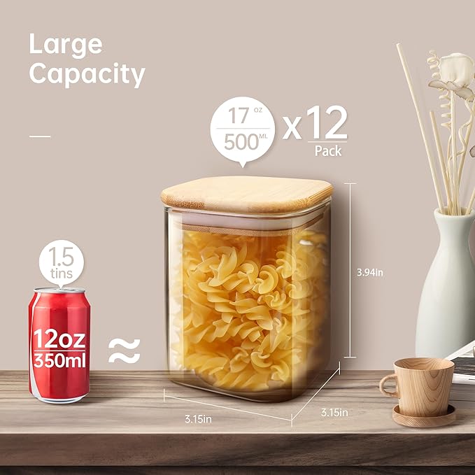 HomArtist Square Glass Jars with Bamboo Lids 17 FL OZ [Set of 12], Glass Canisters with Airtight Lids, Glass Food Storage Containers for Spice, Sugar, Tea, Candies, Cookies, Best for Kitchen & Pantry