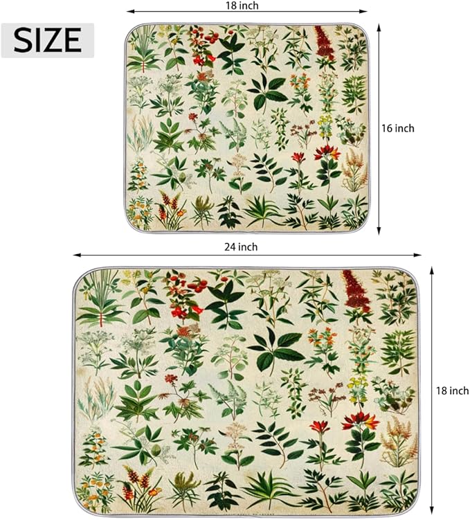 Hexteria Dish Drying Mat For Kitchen Counter Absorbent Dish Mat Microfiber Drainer Drying Kitchen Mat 16x18 In Quich Dry Mat, Botanical Garden