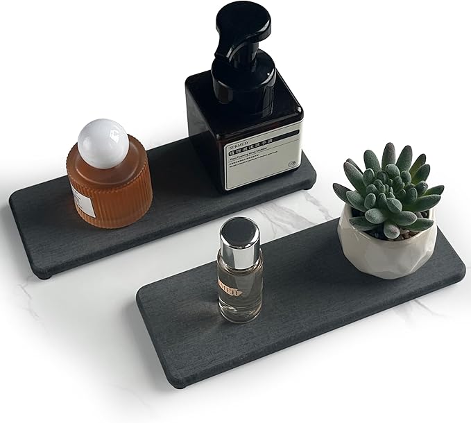 NiuYichee 2 Pcs Water Absorbing Stone Trays, Kitchen/Bathroom Sink Soap Dish, Diatomite Tray Used for Hand Soap & Cosmetic Bottles in The Modern Home, 3.15" W x 8.7" L, Dark Gray