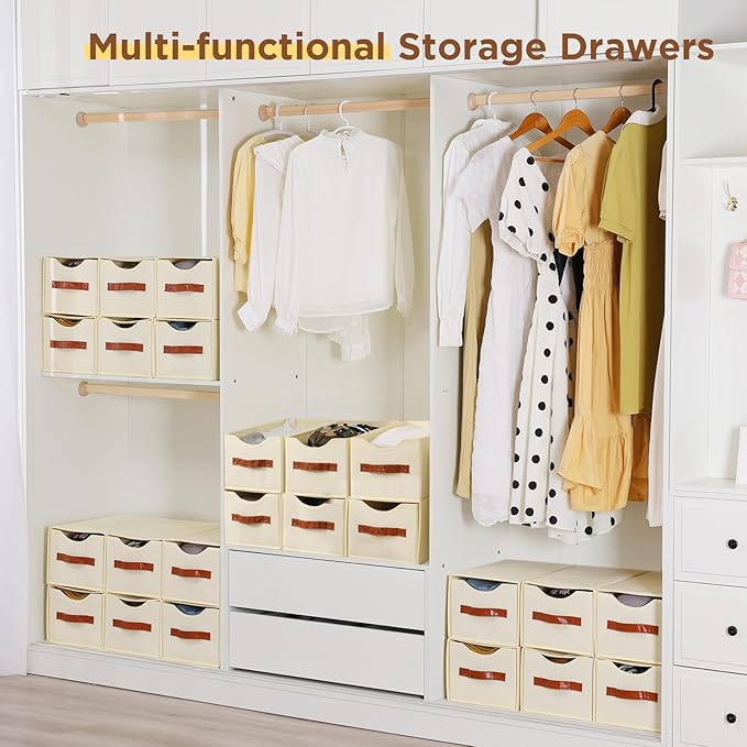 4 Pack Stackable Storage Drawers, Fabric Closet Organizers and Storage with Handles and Clear Window, Pull-Out Clothes Storage Bins with Drawer for Closet, Bedroom, Living Room, Under Bed, Beige