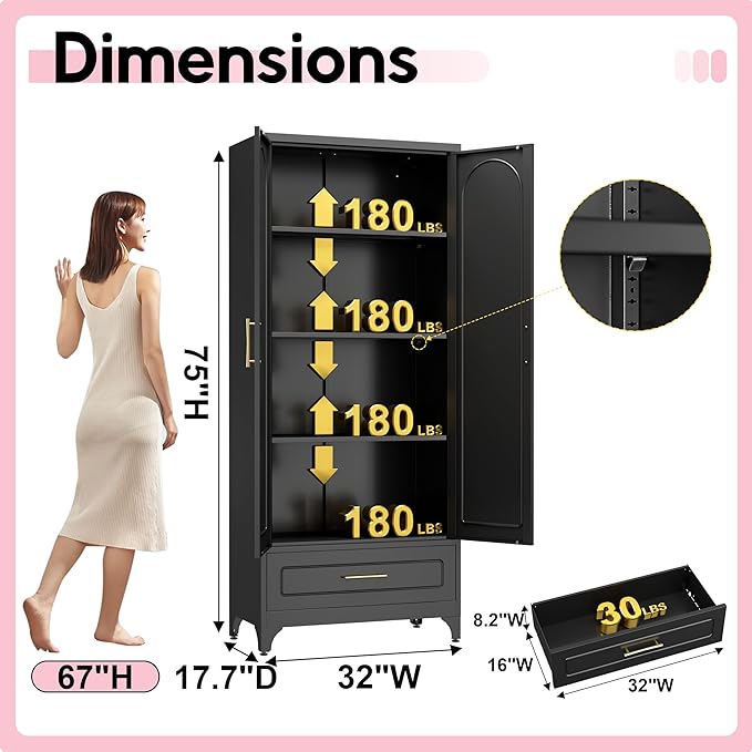 Pantry Kitchen Cabinet with Drawer, 75" Tall Pantry Storage Cabinet, Metal Storage Cabinets with Doors and Shelves, Large Freestanding Cupboard for Living Room, Assembly Required, Black