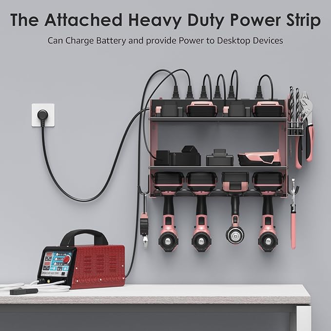 CCCEI Modular Power Tool Organizer Wall Mount with Charging Station. Garage Drill Storage Shelf with Hooks, Heavy Duty Rack, Tool Battery Holder Built in 8 Outlet. Gift for Men. Pink, 1 Pack.