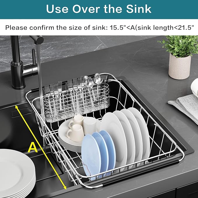 YZPGBT Large Dish Drying Rack in Sink Expandable, Adjustable 304 Stainless Steel Metal Dish Drainer Rack Organizer with Stainless Steel Utensil Holder Over Inside Sink Counter, Rustproof