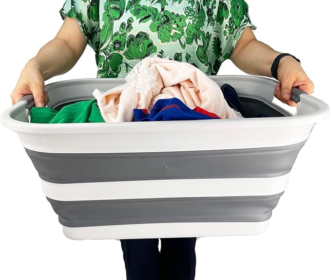 SAMMART Set of 2 Collapsible Plastic Laundry Basket - Foldable Pop Up Storage Container/Organizer - Portable Washing Tub - Space Saving Hamper/Basket (Grey/Steel Grey, 42L)
