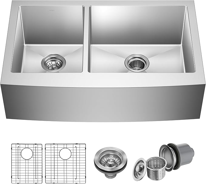Kraus KHF204-33 Standart PRO Kitchen Stainless Steel Sink, 16 Gauge, 33" Undermount Round Apron 40/60 Double Bowl Kitchen Sink