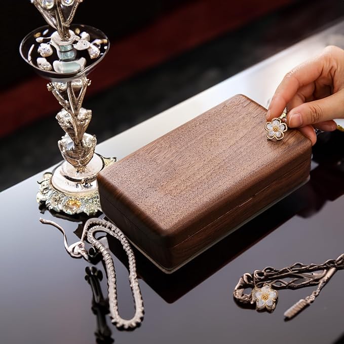 Jewelry Box Ladies Retro Travel Portable Mini Simple Solid Wood Wooden Small Jewelry Organize Storage Display Box (Walnut)