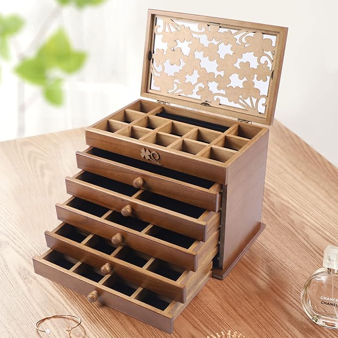 Jewelry Storage Organizer, 6 Layers with 5 Drawers Large Jewelry Organizer Wooden Storage Box Case for Woman (Brown type2)