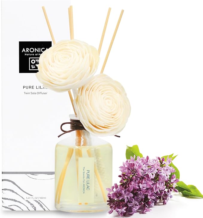 Aronica Twin Sola Diffuser - Pure Lilac Fragrance, 160ml / 5.41 Floz, Lilac Scented Products, Flower Decor, Aesthetic Spring Reed Diffuser for Home