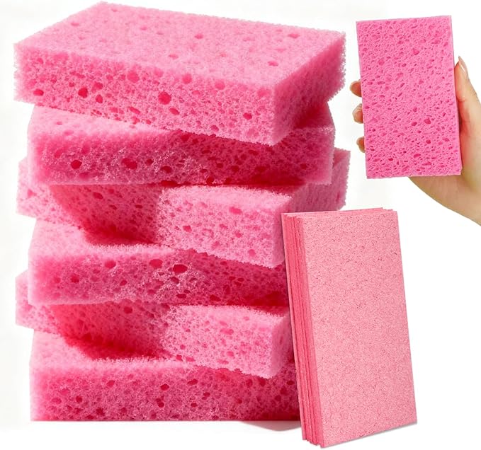 Mkobon 6 Pcs Kitchen Sponges for Dishes Cleaning, Non Scratch for Non Stick Cookware, Compressed Natural Cellulose Sponges, Dish Washing Scrubbers, Scrubbing Pads for Household, Bathroom (Red)