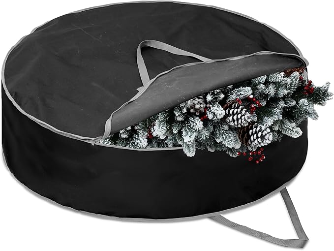 1 Pc 60" Christmas Wreath Storage Bag Zippered Garland Holiday Container with Reinforced Handle Tear Resistant 600d Oxford Organizer Wreath Holder with Card (Black)