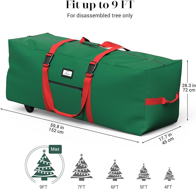 Rolling Christmas Tree Storage Bag for 9 ft Artificial Tree, 600D Waterproof Oxford Fabric, Large Christmas Tree Bag with Dual Zipper, Wheels, Handles, Heavy Duty Xmas Storage Container -Green