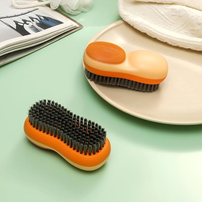 Laundry Stain Brush 2 Pack Two-Side Soft Bristle Scrub Brush for Stain Removal Silicone Household Clothes Washing Brush Dual-use Scrubbing Brush for Clothes Underwear (Green and White)