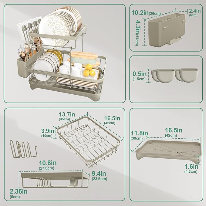 HOMEAILIE Dish Drying Rack, 2-Tier Dish Drying Rack with Utensil Holder – Large Capacity Auto-Draining Dish Drainer with Drainboard for Kitchen Counter, Grey