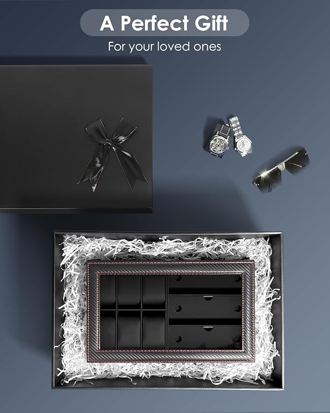 Kukikan Watch Jewelry Box Organizer, 6-Slot 2-Layer Watch Case and Sunglasses Storage with Large Glass Lid, Men's Jewelry Box with Lock, Watch Holder Display Case, Gift for Men Women