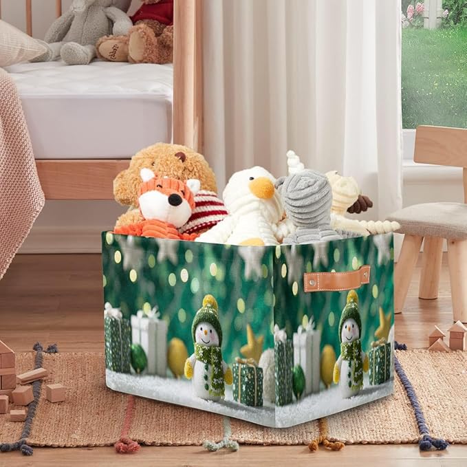 Storage Baskets Bin, Christmas Winter Snowman Collapsible Canvas Fabric Storage Bin Decorative Baskets Toy Organizer Rectangle Storage Boxes with Handles for Home Shelves Nursery, J-013