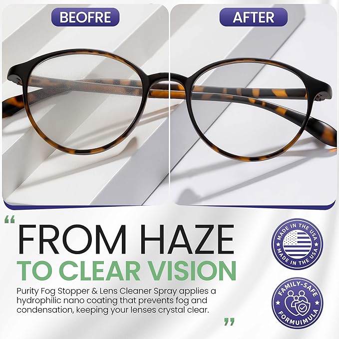 Purity Fog Stopper and Lens Cleaner Spray - Anti Fog Spray for Glasses & Non-AR Coated Lenses - Fog Blocker and Anti-Static Lens Cleaning Spray for Glasses, Eyewear, Goggles and Masks - 2oz