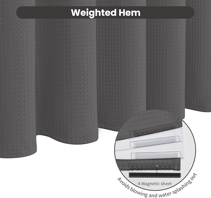 Inhousolu No Hook Waffle Weave Shower Curtain with Removable Snap in Fabric Liner Set for Bathroom, 230 GSM Heavy Duty Weighted Hem, Water Repellent Washable Bath Curtains, 72 x 78 Inch, Graphite Grey