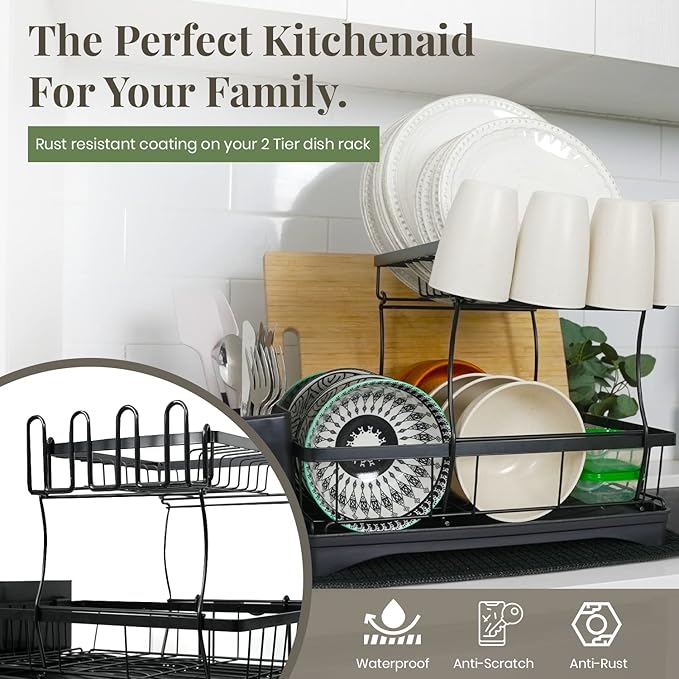 DINEST 2 Tier Dish Drying Rack with Drainboard – Rust Resistant Iron Kitchen Dish Rack with 270° Rotating Spout, Utensil & Plate Holders – Compact Drying Rack for Kitchen Counter - Black