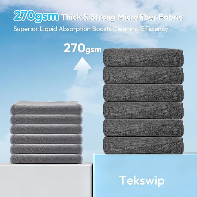 Tekswip Microfiber Cleaning Cloth 12"X12" 12 Pack Grey Lint Free Microfiber Towels for Cars-Extra Thick, Streak-Free, Fast Absorbent - Reusable Multi-Purpose Housekeeping Rags for Cars