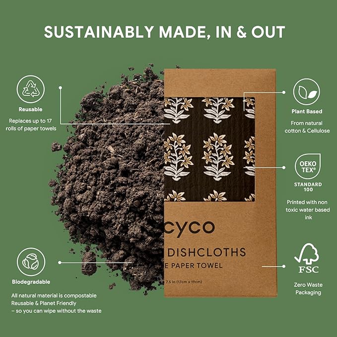 RECYCO Swedish Dishcloths for Kitchen | 6 Pack Heritage Florals Neutral Washable Dish Rags | Cellulose Reusable Cleaning Paper Towels | Absorbent Counter Dish Cloth Sponge Kitchen Wipes, 8" L x 7" W