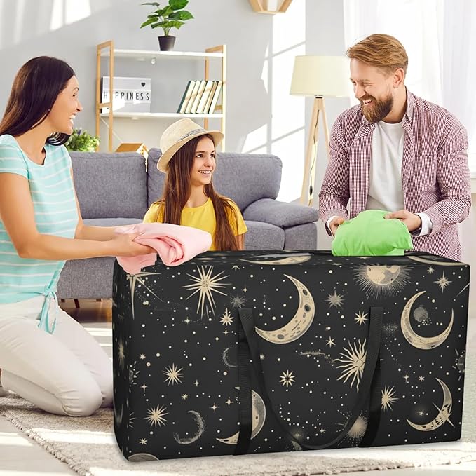 Extra Large Storage Bag with Zipper 54 Gallon Moving Bags Heavy Duty Christmas Tree Storage Bag Packing Bags for Moving, Storage Totes Duffle Bag Waterproof Containers for Organizing (Moon & Stars)
