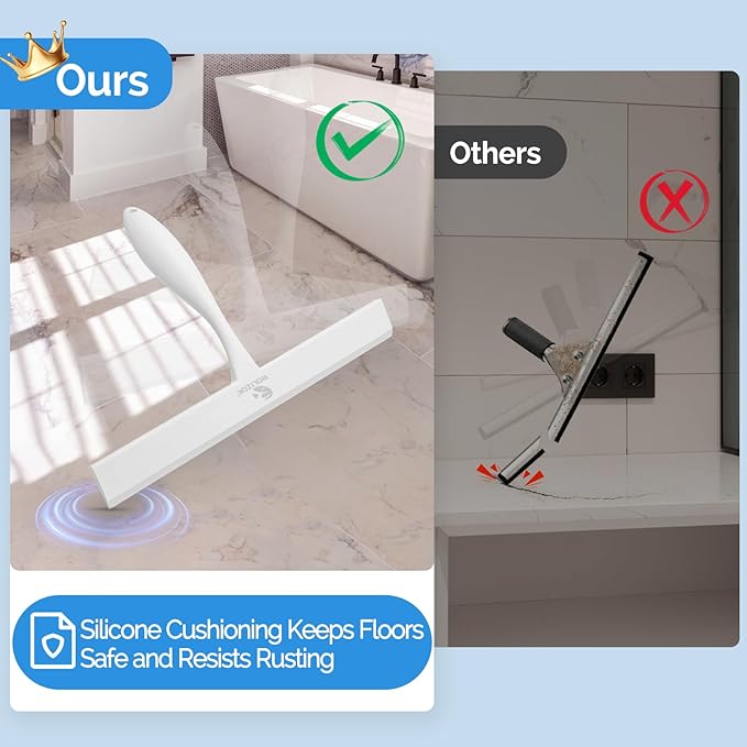 ROLIZOE Shower Squeegee for Glass Doors, 11 Inch Ergonomics Anti-Rust Silicone Squeegee with Stainless Steel Frame for Shower Glass Door, Mirrors, Tiles and Windows Cleaning, White