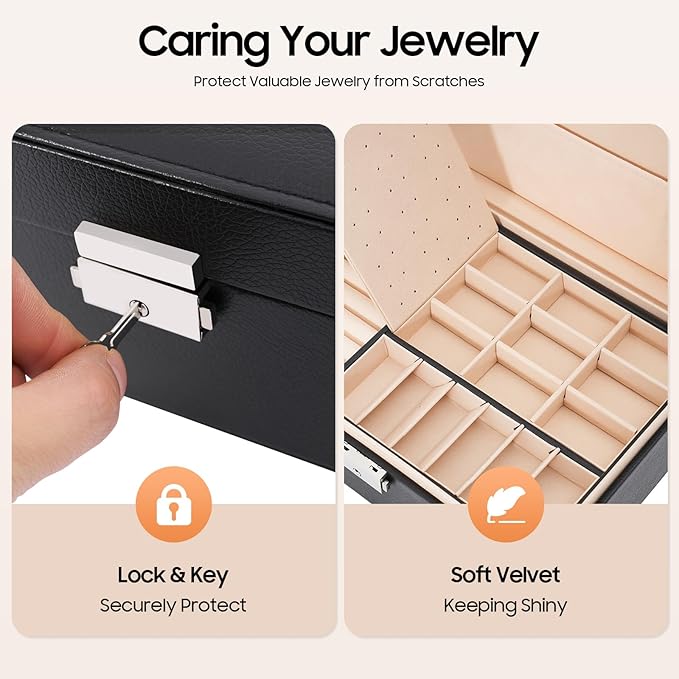 2-Layer Pink Jewelry Box Organizer with Lock,PU Leather Jewelry Chest for Women Girls,Jewellery Holder Organizer Box for Necklace Earrings Rings Bracelets