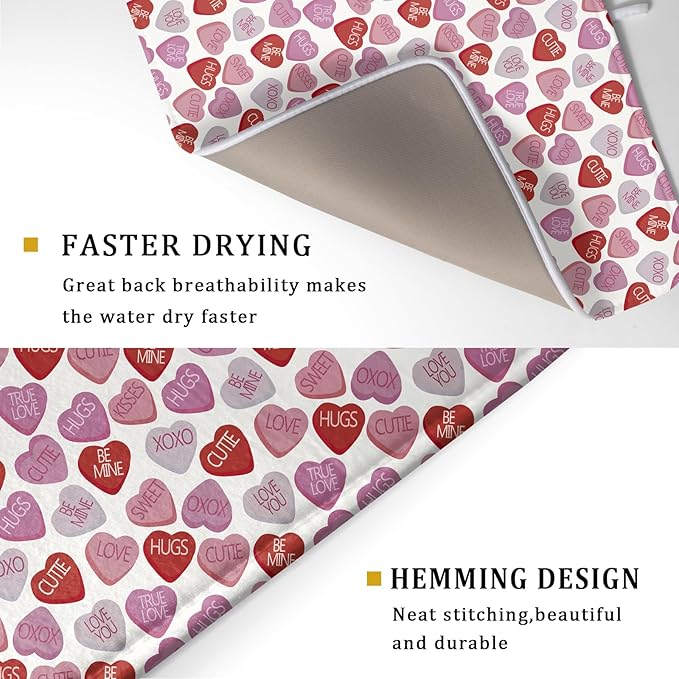 Valentine’s Day Dish Drying Mat for Kitchen Counter 24x18 Inch Pink Love Drying Mat with Absorbent Reversible Microfiber Holiday Dish Drainer Mats Rack Pad for Coffee Countertop Protector