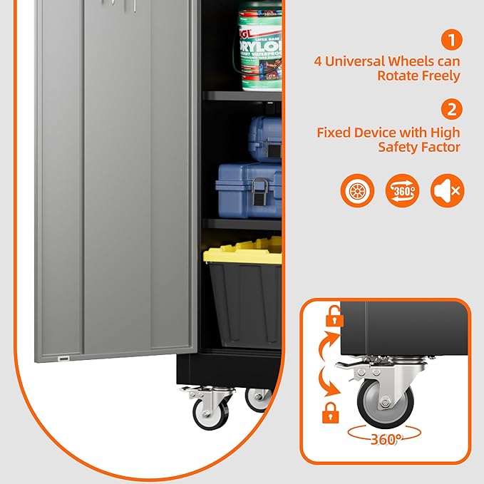Garage Storage Cabinet with Wheels and Pegboard, 71"H x 32"W x 16"D Lockable Metal Storage Cabinet with 5 Adjustable Shelves and 2 Doors for Garage Home, Assembly Required, Black and Dark Grey