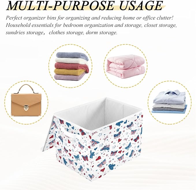 Bolaz Storage Bins with Lids and Handles,Butterfly Flag Stars Pattern Storage Box Basket with Cover Collapsible Organizer Containers for Home Closet, Shelves