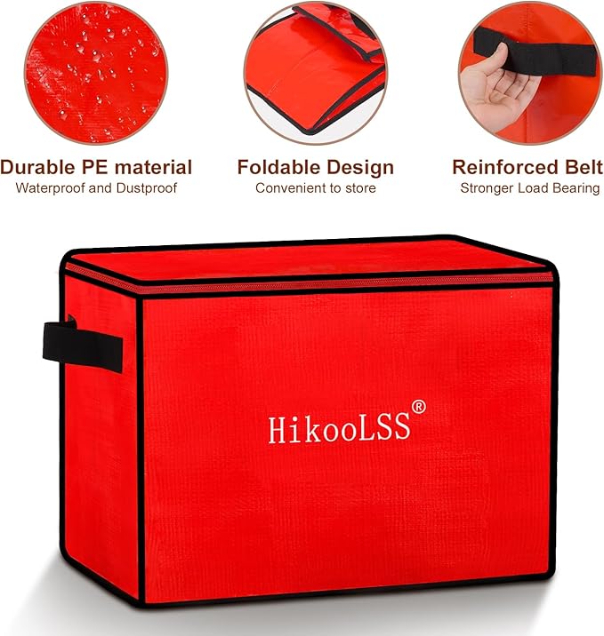 Christmas Ornament Storage Box - Stores up to 72 Holiday Ornaments with Adjustable Dividers,Covered Top and Two Handles,Double Zipper. PE Material Keeps Holiday Ornaments Clean and Dry (Red)