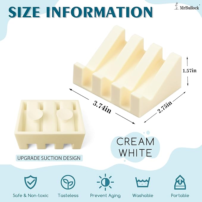 Silicone Soap Dish with Drain, Upgrade Double Suction Cups at The Bottom for Anti-Slip and Stability, Soap Dish Shower Waterfall Bar Soap Holder Tray with Drain Soap Holder (1, CreamWhite)