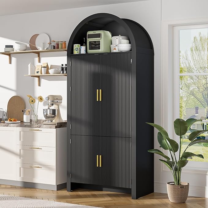 71" Tall Arched Pantry Cabinet, Arched Fluted Kitchen Storage Cabinet with Doors and Adjustable Shelves, Modern Black Cupboard Organizer for Kitchen, Dining Room, Living Room