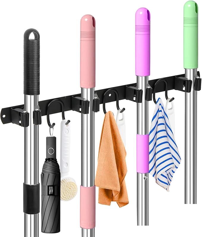 Broom Holder Wall Mount, Stainless Steel Mop Hanger with 4 Slots 6 Hooks, Tool Storage Wall Organizer for Kitchen Garden Garage Laundry Room Bathroom and RV, Black 1-Pack