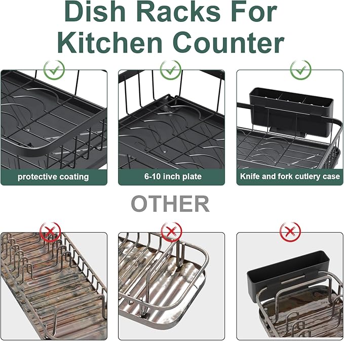 LIYI Dish Drying Rack,Adjustable Spout Design,Kitchen Dish Racks,Made of Iron Material,with Removable Draining Board,Suitable for Kitchen and Caravan Use Scenarios,Black