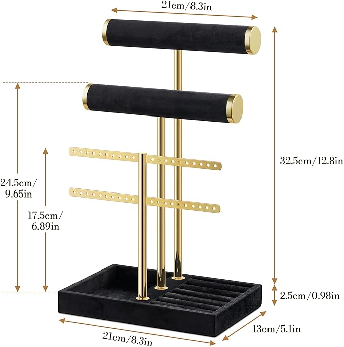 Josmimic Bracelet Holder Jewelry Organizer Display - 3 Tier T Bar Velvet Stand, Black Jewelry Storage for Bracelet, Necklaces, Earrings, Rings, Watches