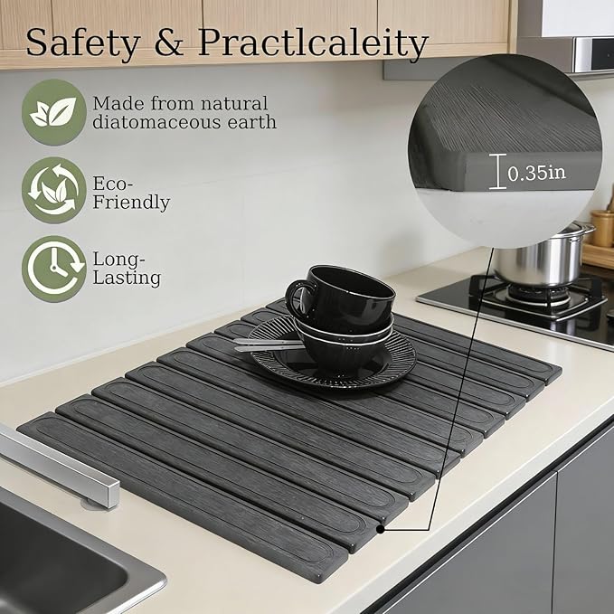 Hopegiver Dark Gray Stone Drying Mat for Kitchen Counter, 24"x16" Engraved Design Quick Dry Stone Mat, Super Absorbent Diatomaceous Earth Dish Drying Mat for Kitchen Bathroom, with Sanding Tools