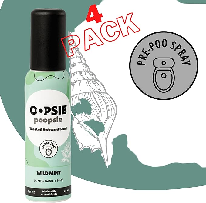 Oopsie Poopsie Pre Poop Spray - 4 Pack Natural Pre Poo Toilet Spray for Bathrooms, Trap Odors & Eliminate Embarrassment, 2oz Travel Size Pre Poo Air Freshener Spray (Wild Mint)