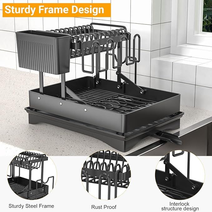 ULAIHOMN Large Dish Drying Rack,Dish Rack 2 Tier,Dish drainers for Kitchen Counter with Cup Chopping Board Cutlery Holder,Anti-Rust Collapsible 16.5" L x 11.8" W Black